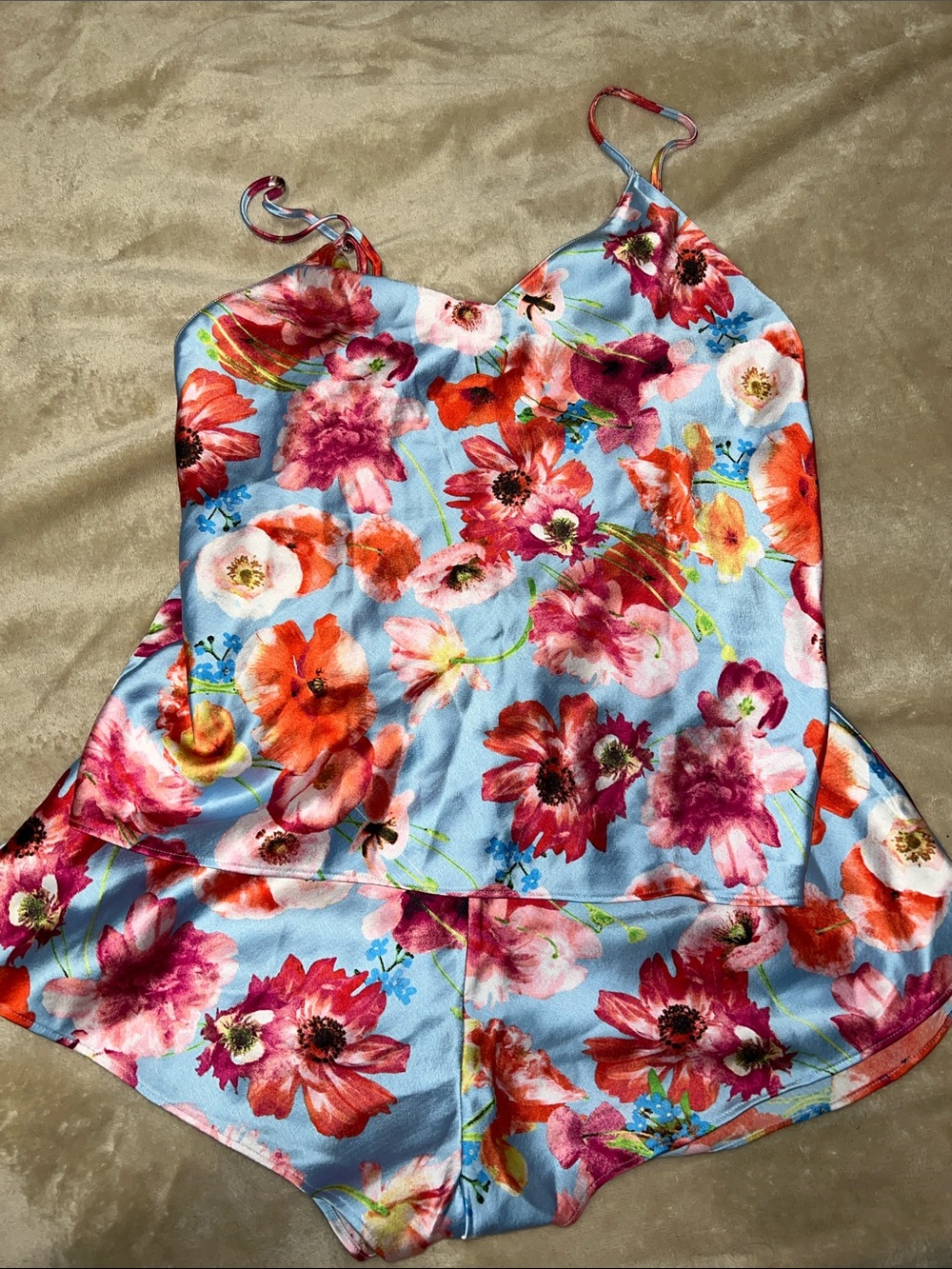 Victoria's Secret Light Blue Satin Floral Romper with Pink & Red Blooms